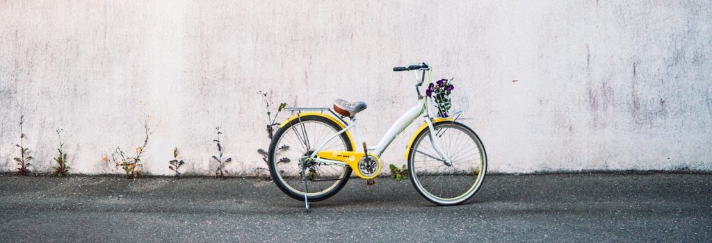 Yellow and white ladies bike with flowers in the front basket on grey tarmac against a white wall needing painting - with wild flowers growing from the crack between road and wall.