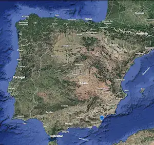 Topographical map of Spain showing Mojacar
