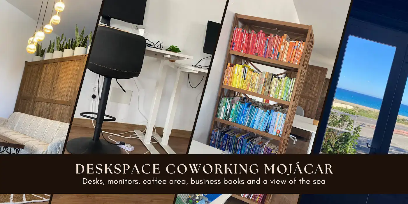 4 Images within 1 picture. From the relaxed seating area, to standing desks, a colourful bookcase with the books arranged in the colours of the rainbow and finally a view through the windows with the sea in the background.