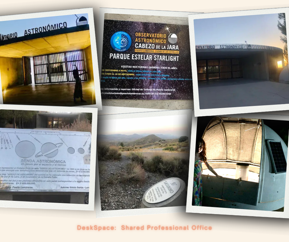 Collection of images of the Observatorio Astronómico Cabezo de la Jara cerca de Mojacar. Observatory near Mojacar. 1 entrance lit up with child in silhouette. 2. Information Sign. 3. View of the entrance