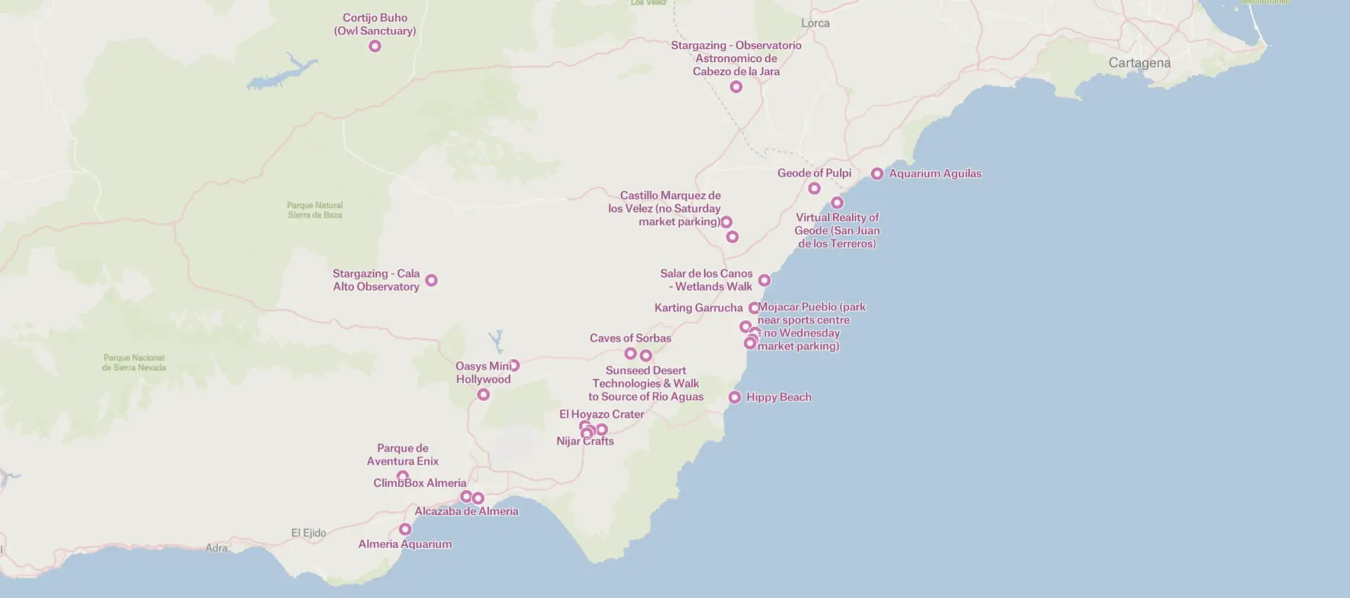 Map showing things to do off season within driving distance of Mojacar